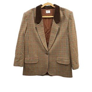 Koret Petites Wool Blend Houndstooth Plaid Blazer Suede Collar Academic   14